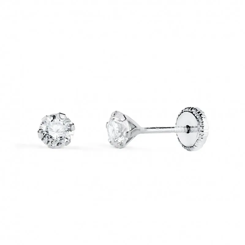 Pendientes en Oro Blanco de 18k para niña con circonita de 4 mm. y se