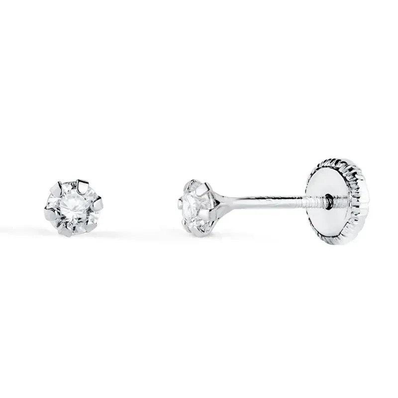 Pendientes en Oro Blanco de 18k para niña con circonita de 3 mm. y se
