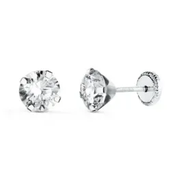 Pendientes en Oro Blanco de 18k con circonita de 6 mm. y cuatro garra