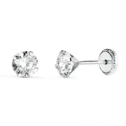 Pendientes en Oro Blanco de 18k con circonita de 5 mm. y cuatro garra