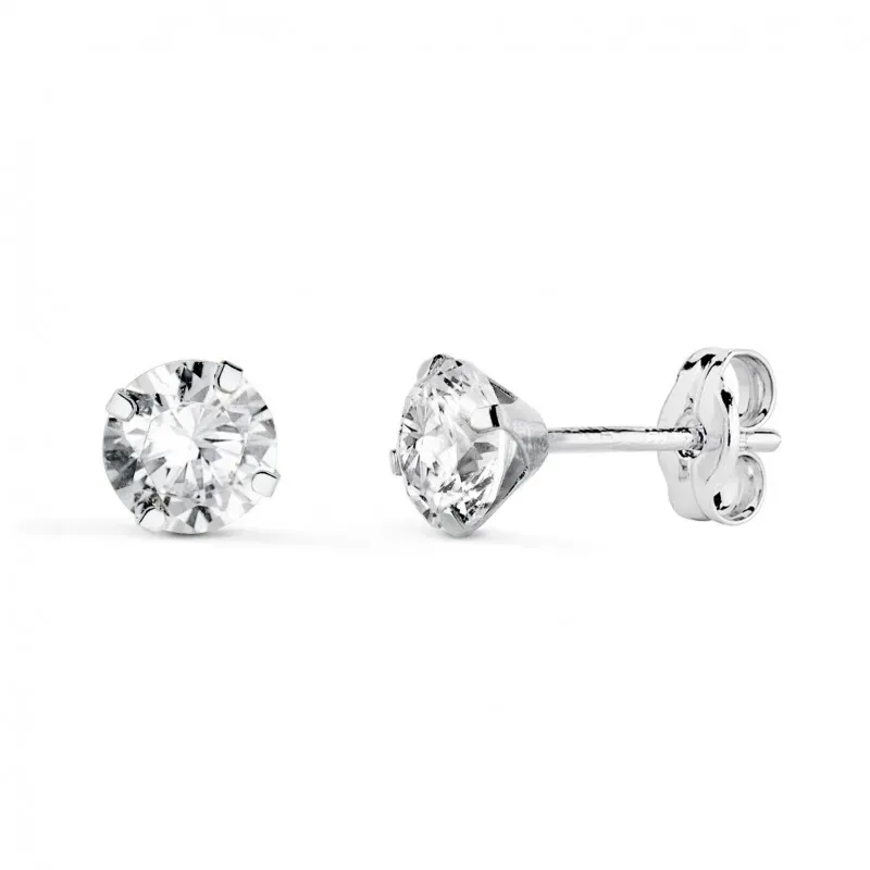Pendientes Oro Blanco de 18k circonita de 5 mm. y cuatro garras