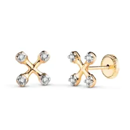 Pendientes en Oro Bicolor de 18k con 6.5 mm. forma de cruz con circon