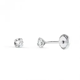 Pendientes en Oro Blanco de 18k con circonita de 3 mm. y cuatro garra