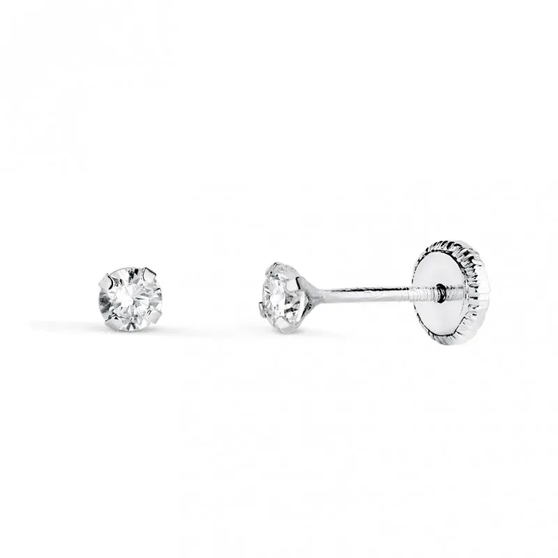 Pendientes en Oro Blanco de 18k con circonita de 3 mm. y cuatro garra