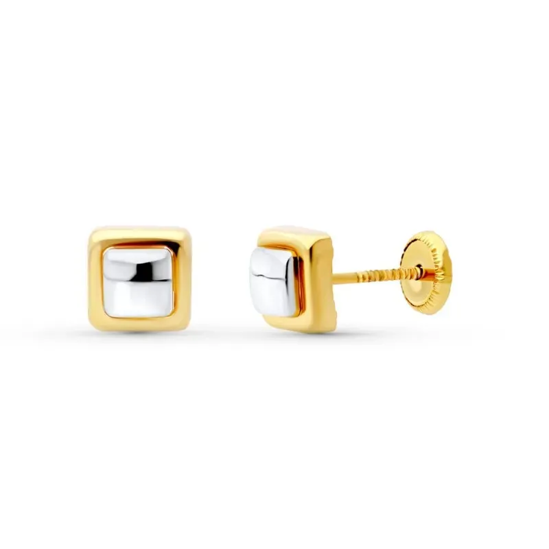 Pendientes en Oro Bicolor de 18k cuadrados con 6 mm. lisos