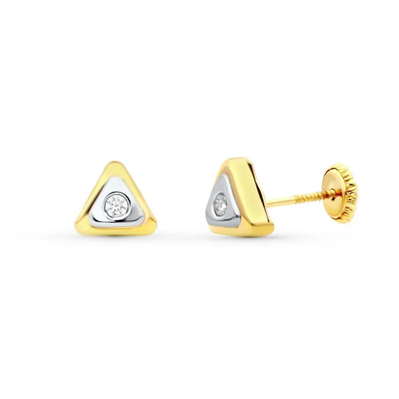 Pendientes en Oro Bicolor de 18k forma de triángulo con 7 mm. lisos