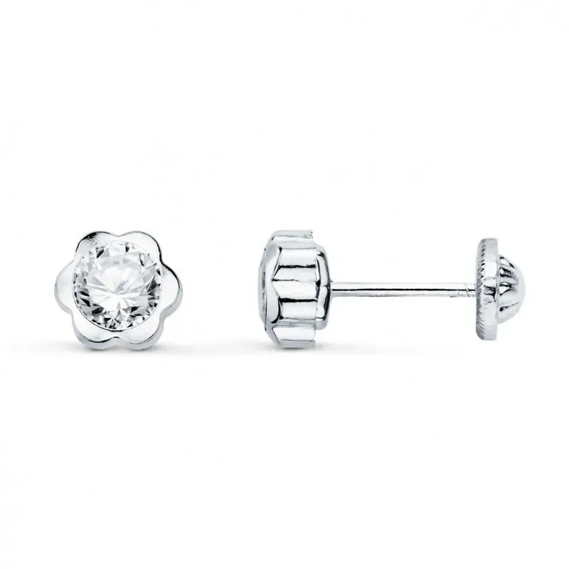 Pendientes en Oro Blanco de 18k con 7 mm. forma de flor circonita en