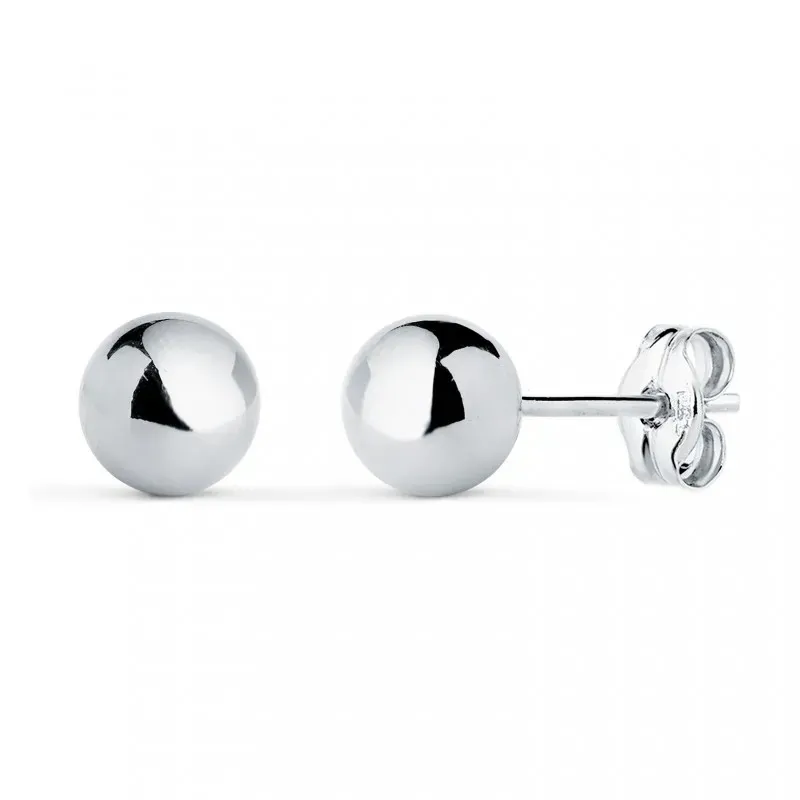 Pendientes en Oro Blanco de 18k con bola lisa de 6 mm.