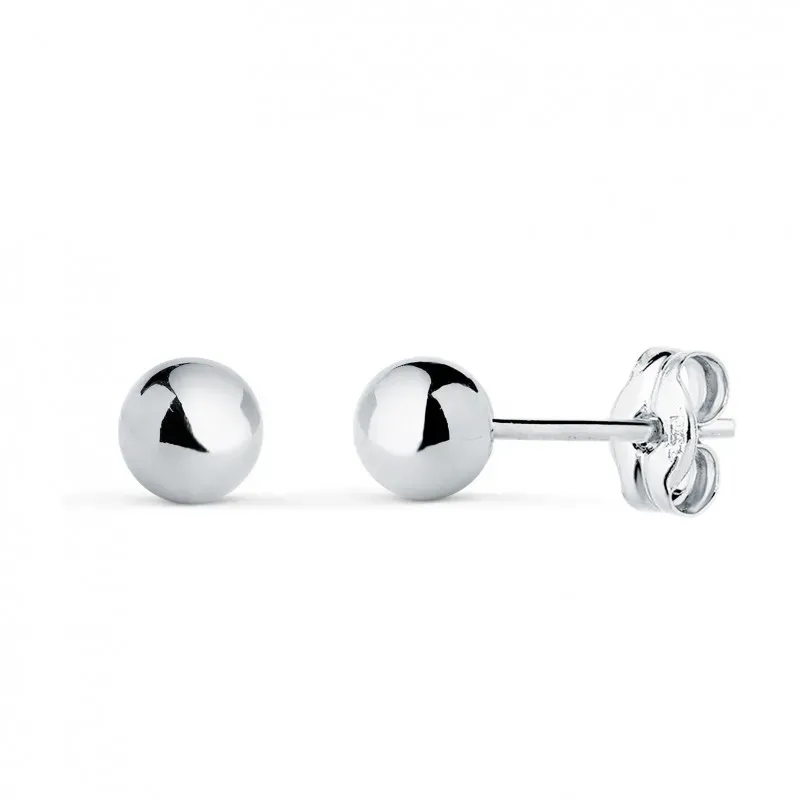 Pendientes en Oro Blanco de 18k bola de lisa de 5 mm.