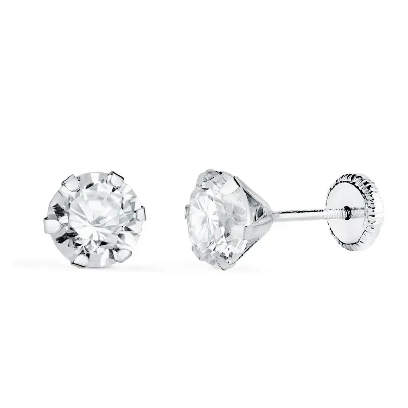 Pendientes en Oro Blanco de 18k con circonita redonda de 6 mm. y seis