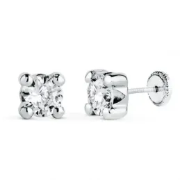 Pendientes en Oro Blanco de 18k con circonita redonda 6 mm. y cuatro