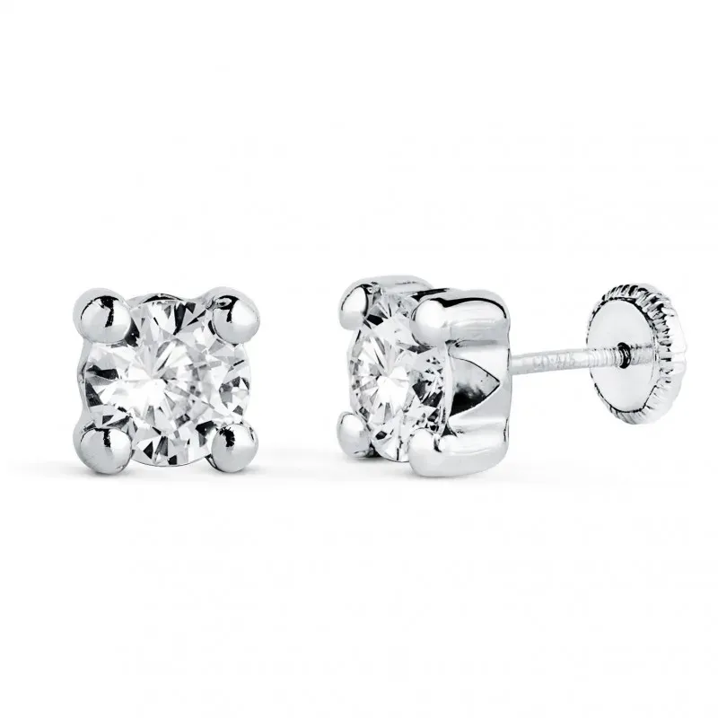 Pendientes en Oro Blanco de 18k con circonita redonda 6 mm. y cuatro