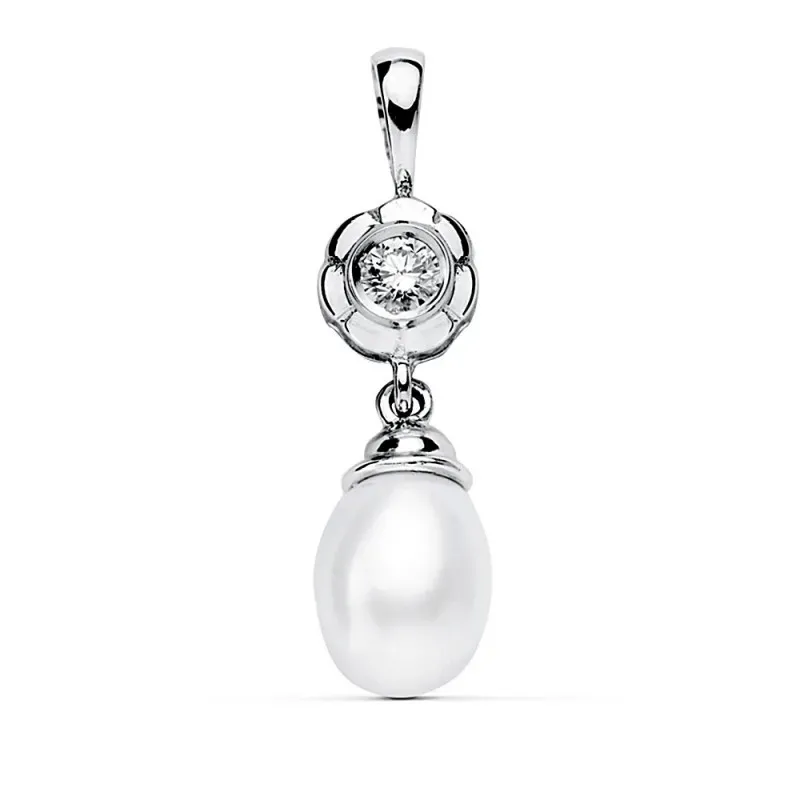 Colgante oro blanco 18k chatón circonita perla 22x8mm. [AB2289]