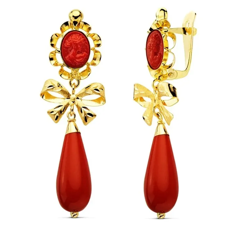 Pendientes oro 18k coralina camafeo 42mm. [AB2853]