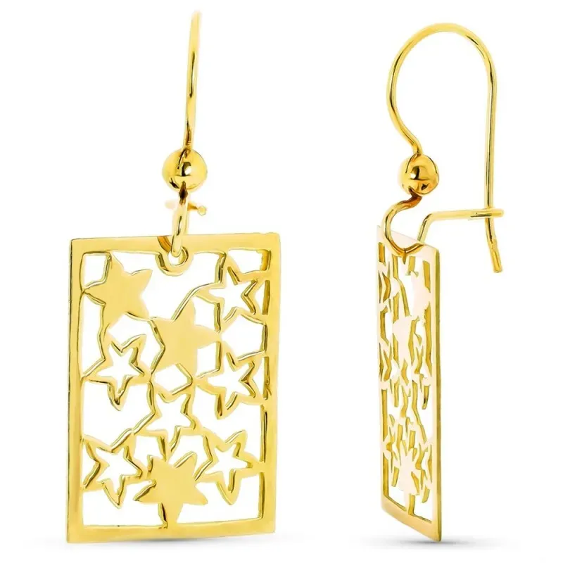 Pendientes oro 18k rectangulares interior estrellas caladas cierre hi
