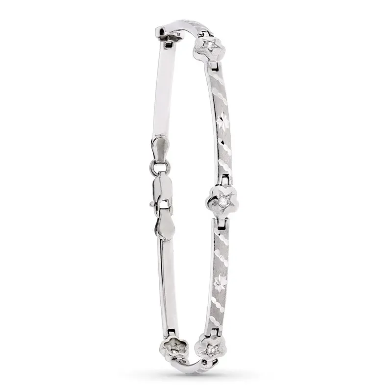 Pulsera oro blanco 18k mujer 18,5 cm. circonitas flor detalles tallad