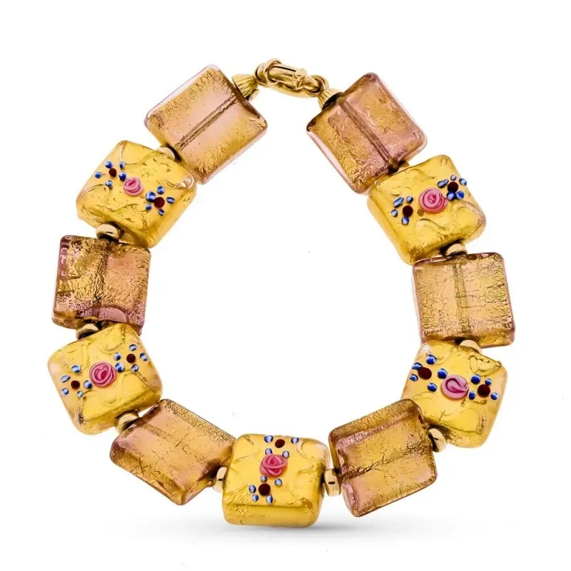 Pulsera oro 18k mujer cristal murano combinado flores porcelana