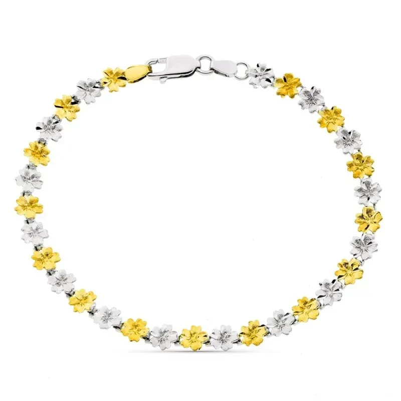 Pulsera oro bicolor 18k mujer 19 cm. flores combinadas mosquetón