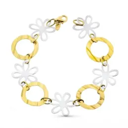 Pulsera oro bicolor 18k mujer 18.5 cm. flores combinadas círculos cal