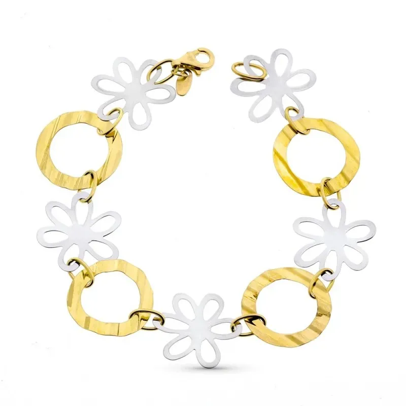 Pulsera oro bicolor 18k mujer 18.5 cm. flores combinadas círculos cal