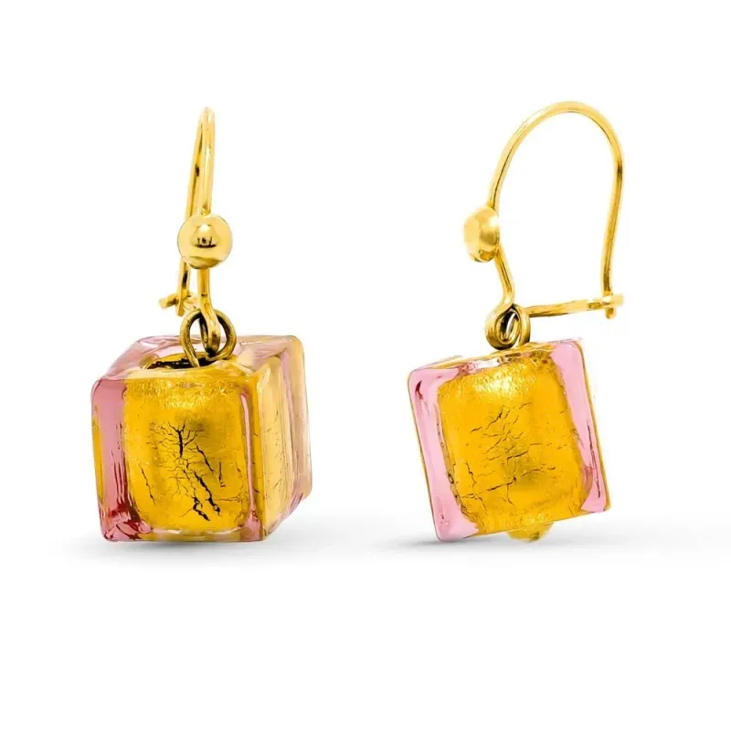 Pendientes oro 18k mujer largos 26 mm. cristal murano cubo