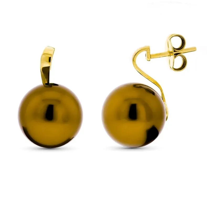 Pendientes oro 18k mujer perla 15 mm. marrón presión