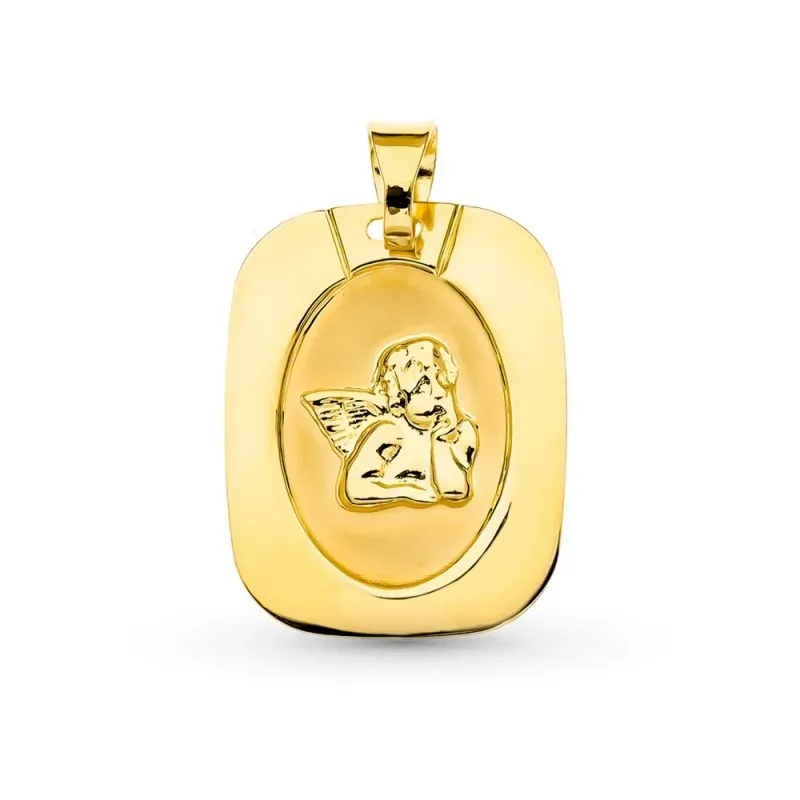 Medalla oro 18k ángel burlón 20 mm. centro rectangular láser