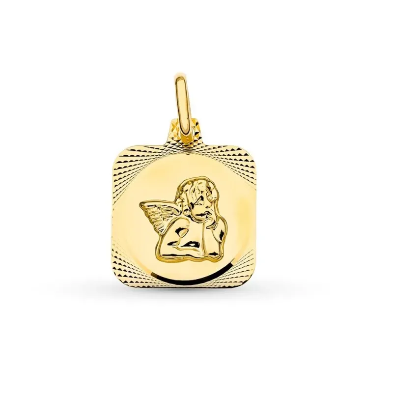 Medalla oro 18k mujer ángel burlón 15 mm. centro cuadrado froma