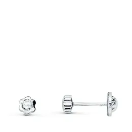Pendientes oro blanco 18k flor 3.5 mm. combinada circonita tornillo