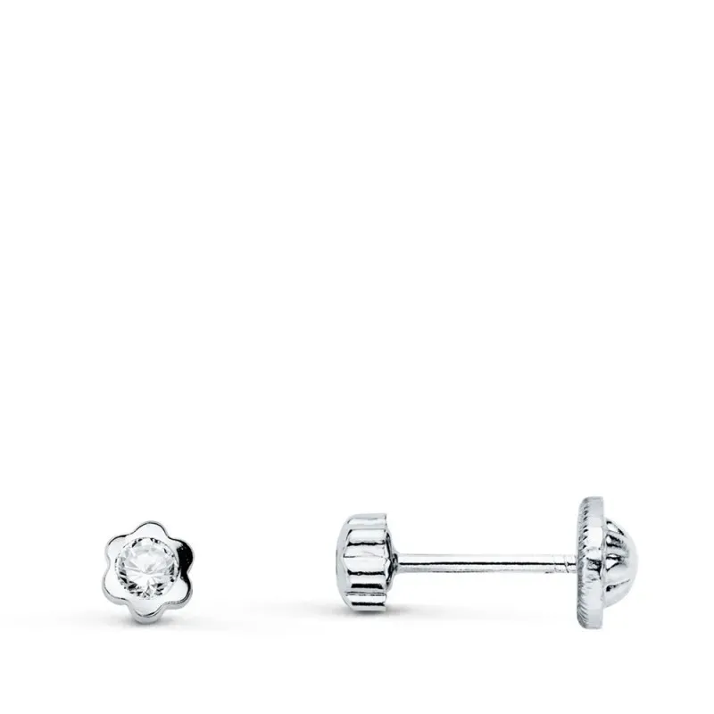 Pendientes oro blanco 18k flor 3.5 mm. combinada circonita tornillo