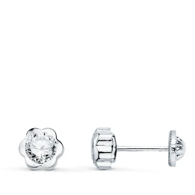 Pendientes oro blanco 18k flor 6 mm. combinada circonita tornillo
