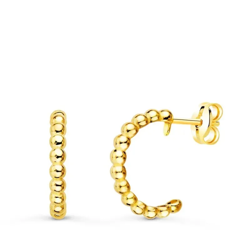 Pendientes oro 18k mujer 14 mm. aros abiertos bolas lisas unidas pres