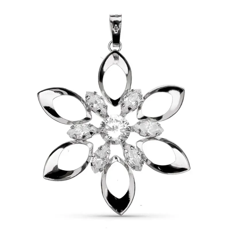 Colgante oro blanco 18k mujer 35 mm. flor calada seis hojas combinada