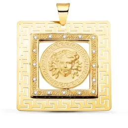 Colgante oro 18k hombre 37 mm. cuadrado greca medusa centro bordes ci