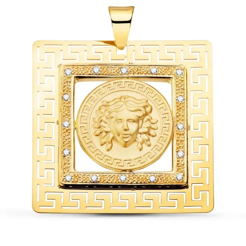 Colgante oro 18k hombre 37 mm. cuadrado greca medusa centro bordes ci