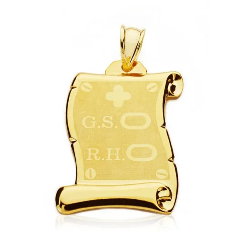 Pergamino oro 18k colgante unisex 28 mm. grupo sanguíneo +RH mate bri