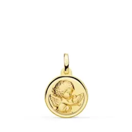 Ángel Burlón medalla oro 18k con pájaro 14 mm. bisel liso