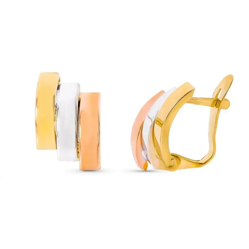 Pendientes oro tricolor 9k mujer 14 mm. bandas verticales lisas combi