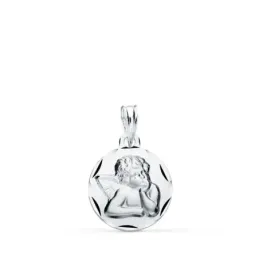 Ángel Burlón medalla oro blanco 9k redonda 14 mm. bordes tallados