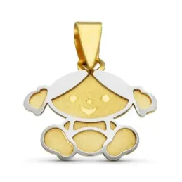 Colgante Oro Bicolor 18k forma niña láser mate combinado brillo
