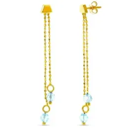 Pendientes oro 18k largos cadena bolas piedra azul agua colgando cier