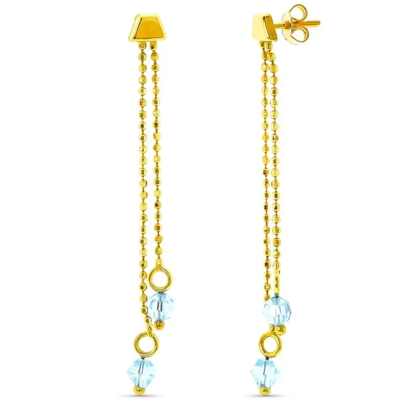 Pendientes oro 18k largos cadena bolas piedra azul agua colgando cier