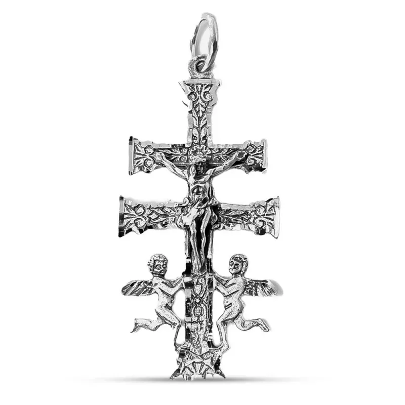 Cruz Caravaca colgnate plata Ley 925m maciza 5.7 cm. Virgen detrás de