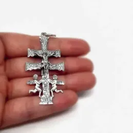 Cruz Caravaca colgnate plata Ley 925m maciza 5.7 cm. Virgen detrás de