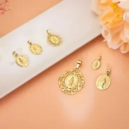 Virgen Milagrosa Medalla Oro 18k unisex 23 mm. borde ondulado detalle