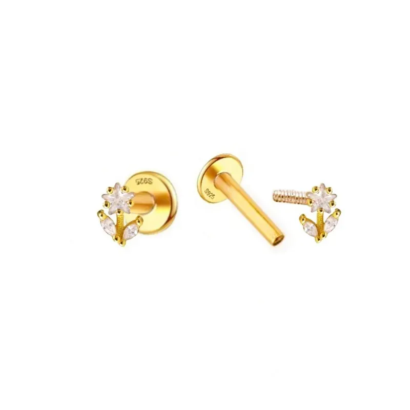Pendientes Piercings Plata de Ley 925m chapados oro mini flor con cir