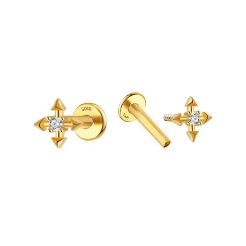 Pendientes Piercings Plata de Ley 925m chapados oro mini forma cruz c
