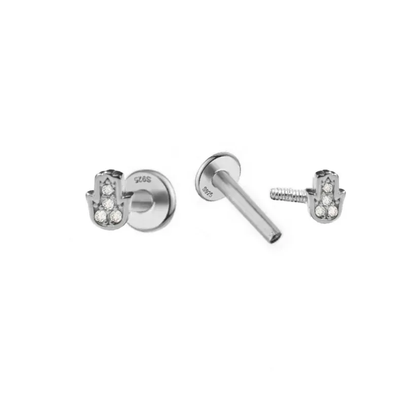 Pendientes Piercings Plata de Ley 925m mini mano de Fátima con circon