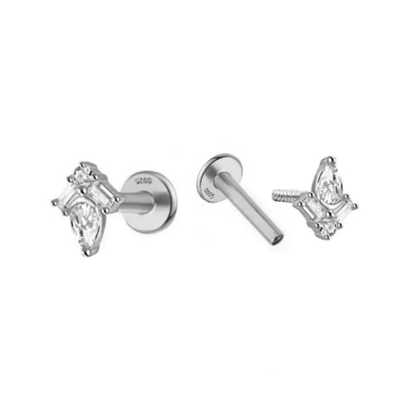Pendientes Piercings Plata de Ley 925m mini con tres circonitas combi