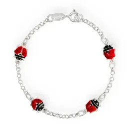 Pulsera en Plata de Ley 925m cadena rolo con mariquitas esmaltadas co